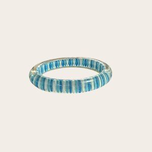 Vintage Clear Blue Striped Resin Bangle Bracelet 2.5" Inner Diameter